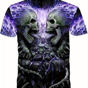 Men's 3D Skull Graphic Print T-shirt Funky Halloween Short Sleeve Tees Size XL